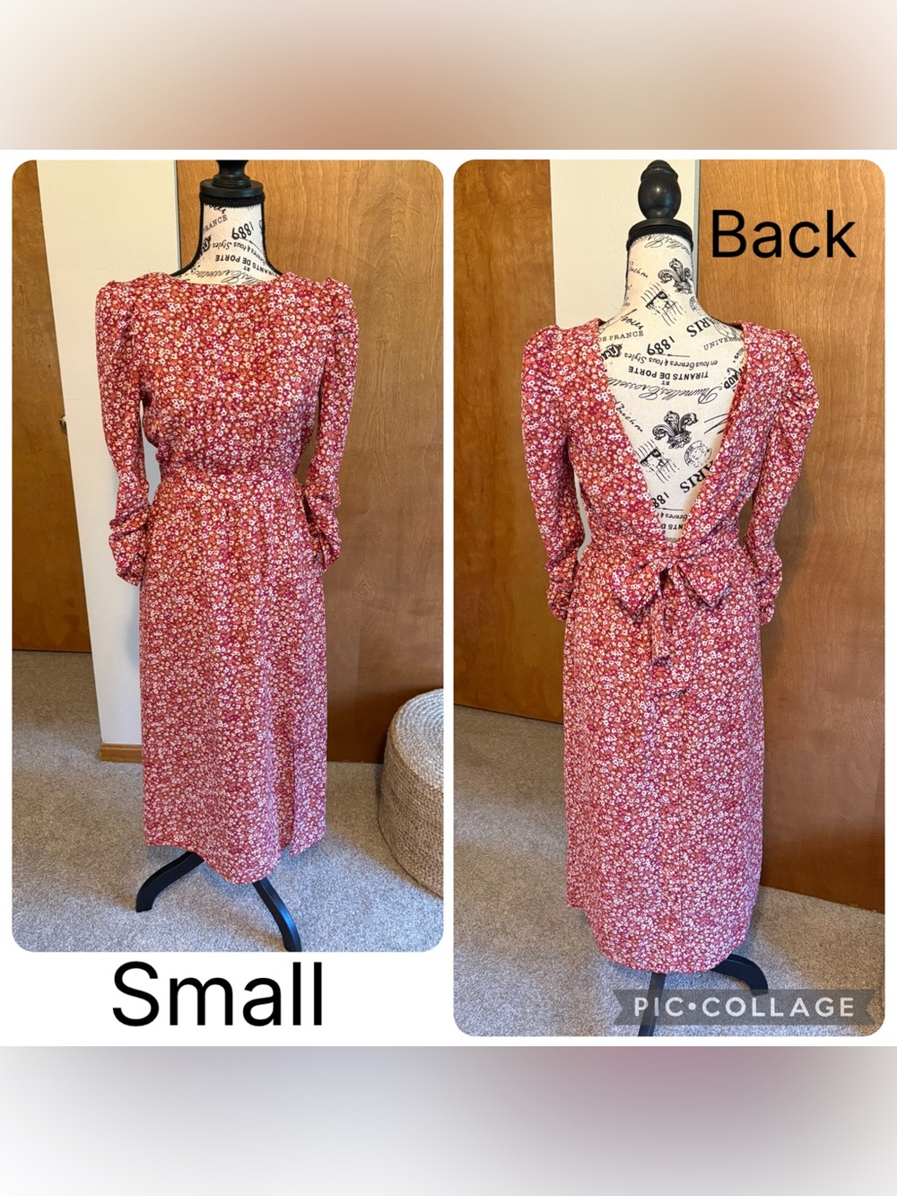Francesca's Collections Red Floral Long-Sleeve Midi Dress with Open Back Tie